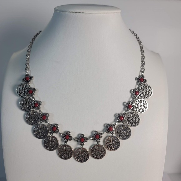 Jewelry - Boho Silver Tone Filigree Disc Statement Necklace Red Cabochon Accents Bib Style
